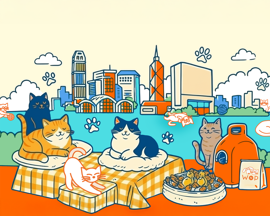 Playful illustration of cats relaxing with toys and food against the Hong Kong skyline – Whiskers N Paws community