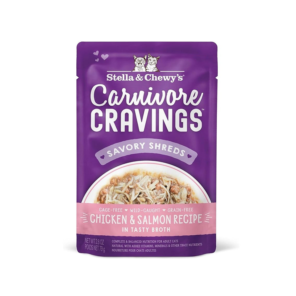 Carnivore Cravings Chicken & Salmon 100% Complete Balance Diet Recipe In Tasty Broth (Savory Shreds) Cat Pouch