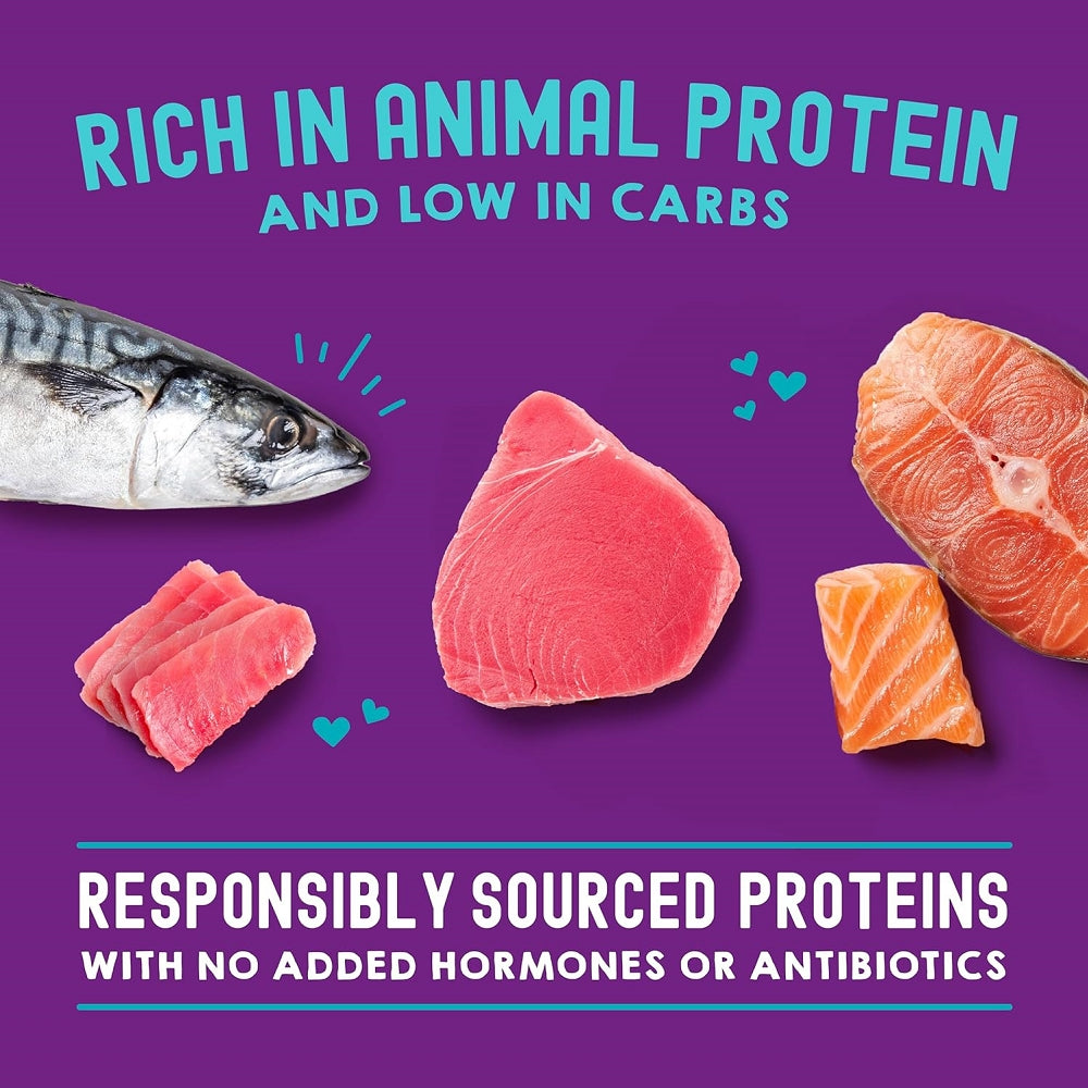 Carnivore Cravings  Salmon, Tuna & Mackerel 100% Complete Balance Diet Recipe In Tasty Broth (Savory Shreds) Cat Pouch