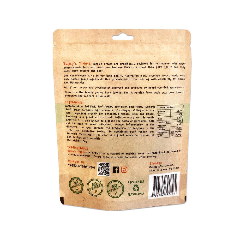 Bugsy's Treats - Catch Me If You Can Freeze Dried Beef Tendon with Turmeric Dog Treats 